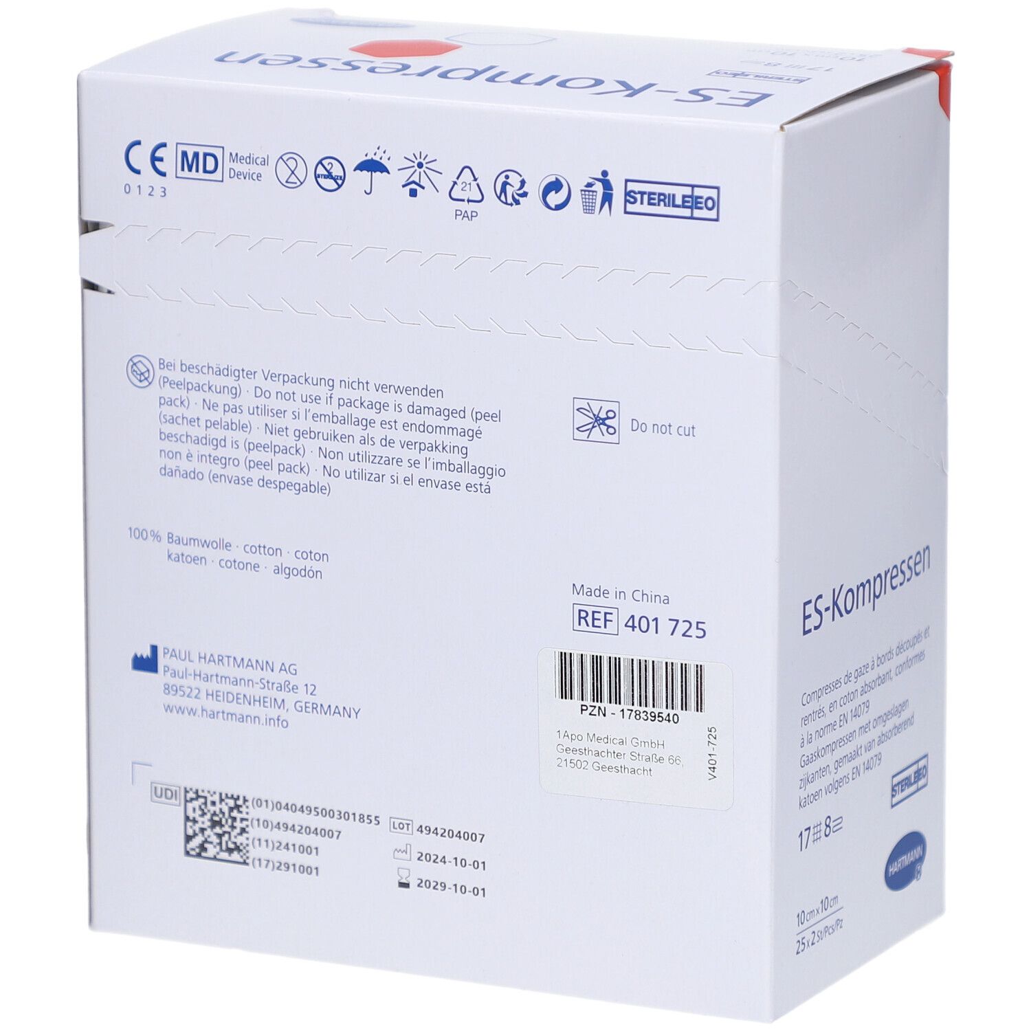 Rückseite der ES-Kompressen Verpackung. Informationen, Hersteller, Chargennummer, CE-Kennzeichnung.