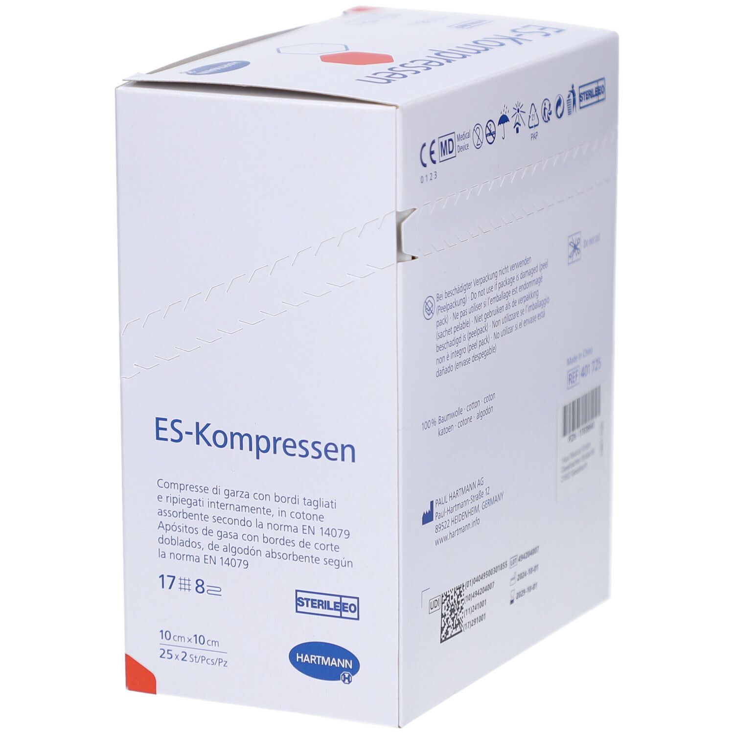 Rückseite der ES-Kompressen Verpackung. Informationen, Hersteller, Chargennummer, CE-Kennzeichnung.