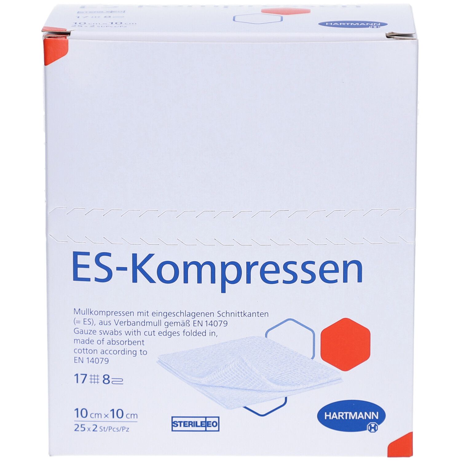 ES-Kompressen Verpackung. Weiße Box mit Produktnamen und Logo. Größe 10x10 cm, 25x2 Stück.
