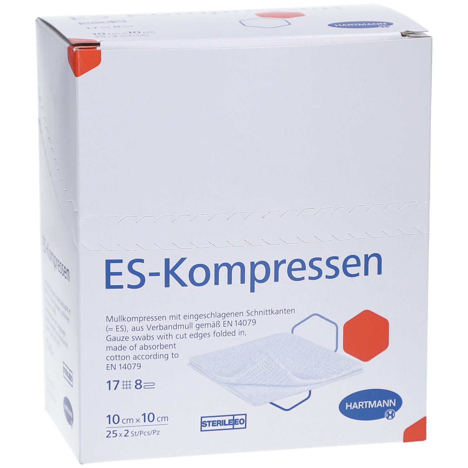 ES-Kompressen Verpackung. Weiße Box mit Produktnamen und Logo. Größe 10x10 cm, 25x2 Stück.