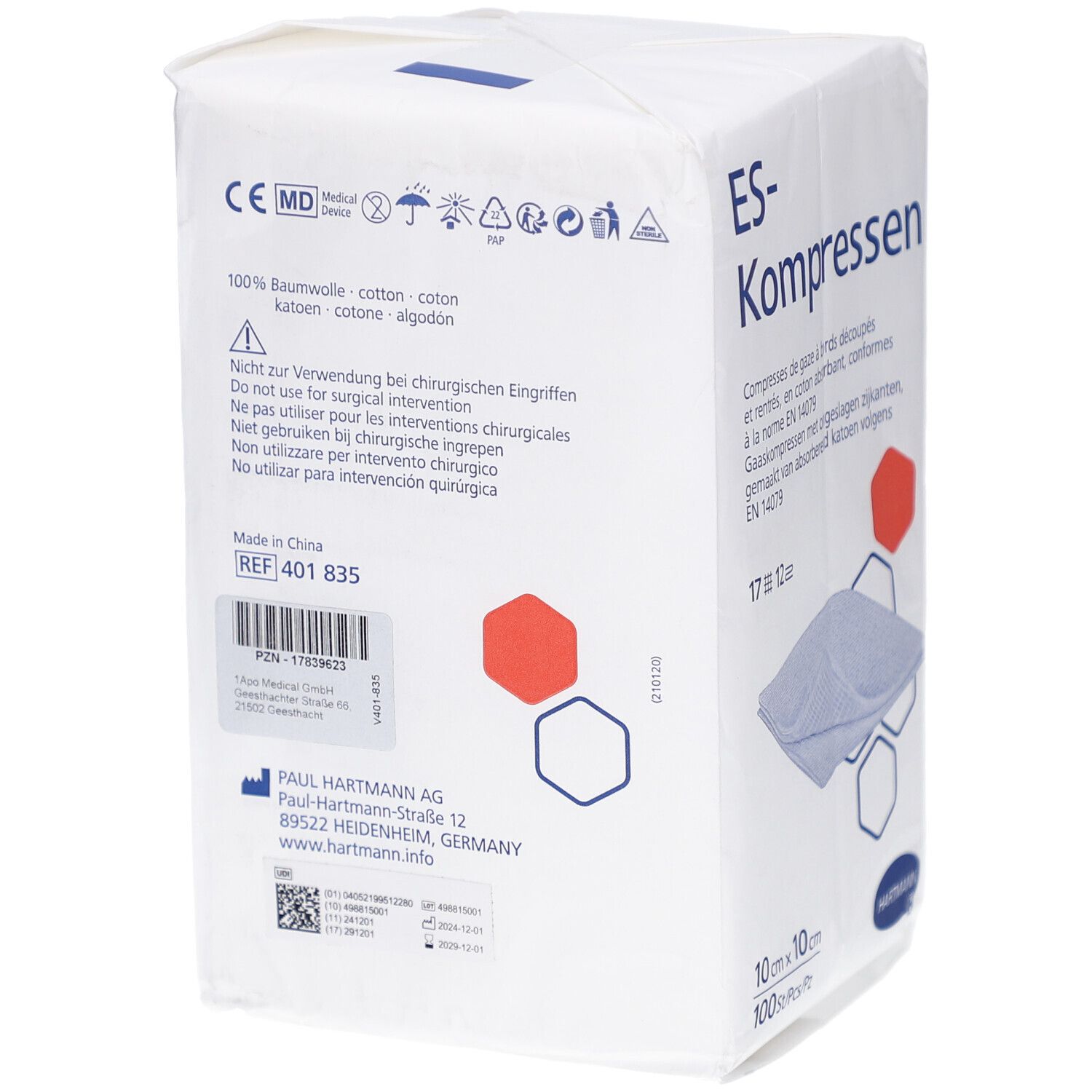 ES-Kompressen-Verpackung. Weiße Verpackung mit Produktnamen und Informationen. Enthält Kompressen aus Baumwolle. CE-Kennzeichnung.