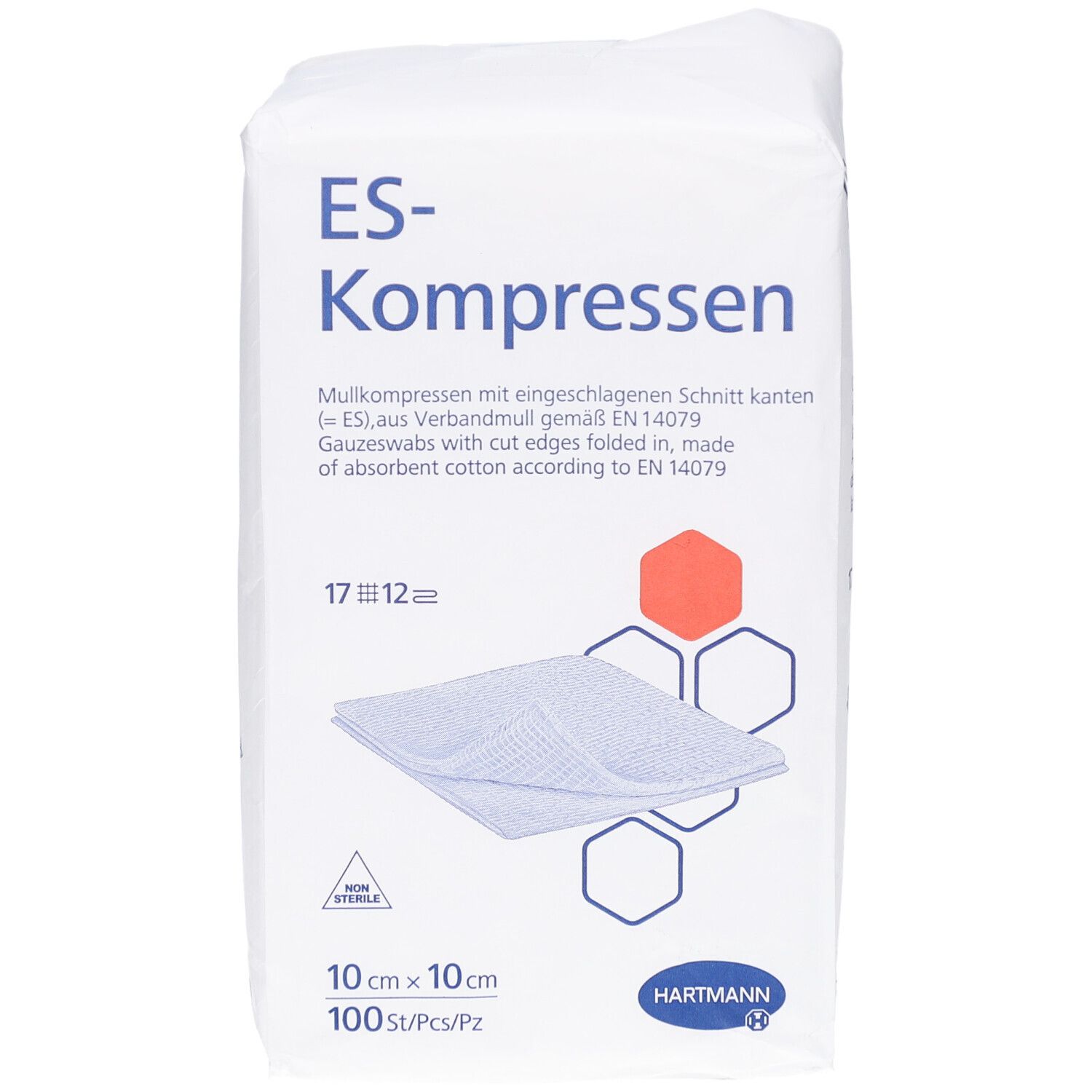 ES-Kompressen-Verpackung. Weiße Verpackung mit Produktnamen und Beschreibung. 10x10 cm Kompressen, 100 Stück. Marke Hartmann.