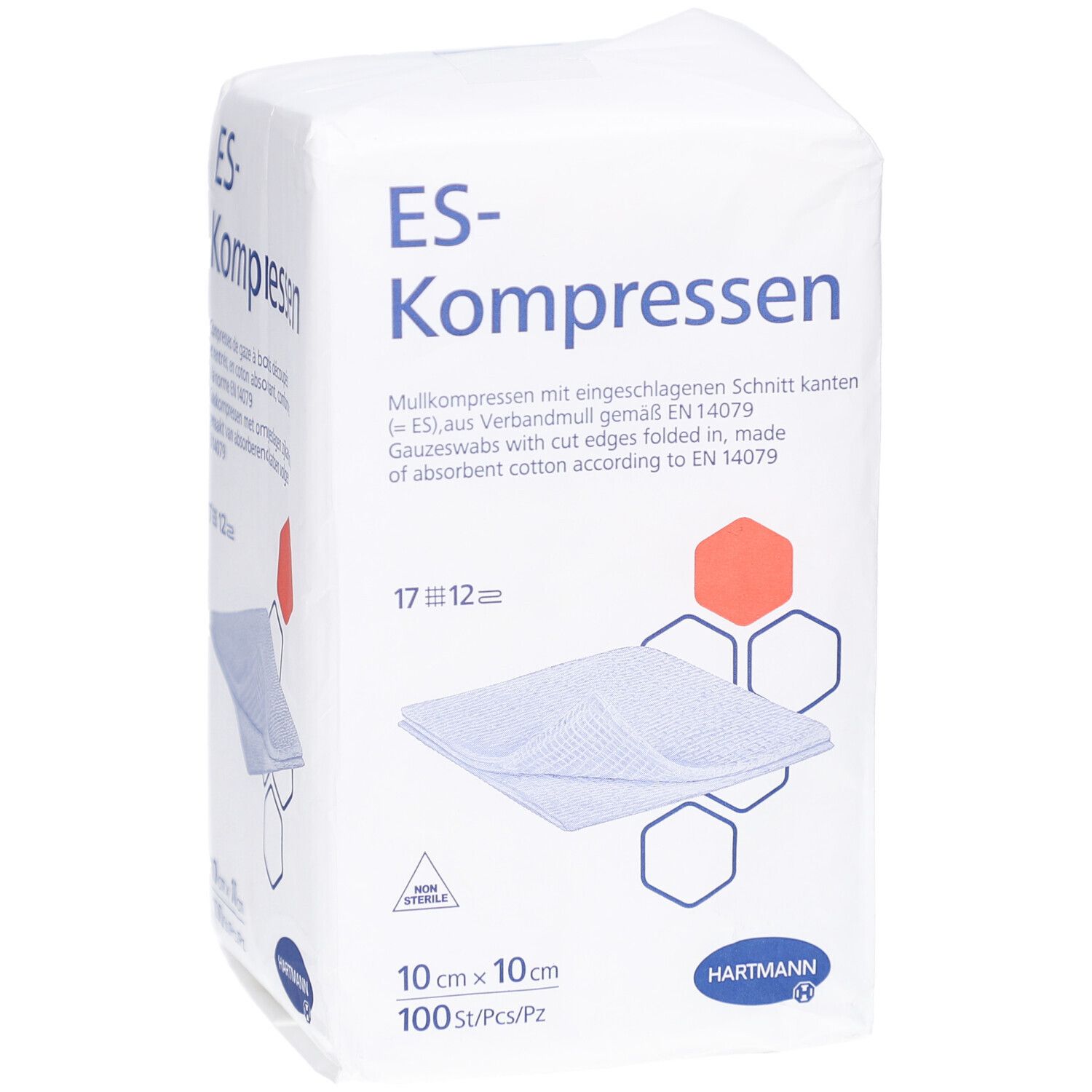 ES-Kompressen-Verpackung. Weiße Verpackung mit Produktnamen und Beschreibung. 10x10 cm Kompressen, 100 Stück. Marke Hartmann.