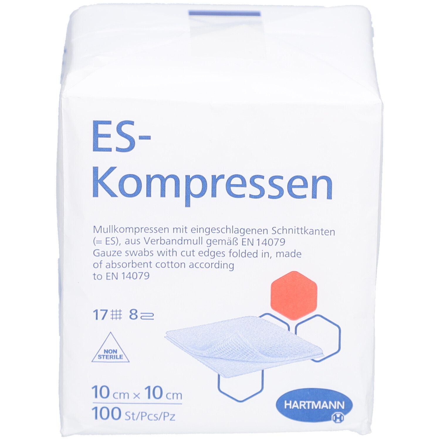 Verpackung mit ES-Kompressen. 10 cm x 10 cm, unsteril. 100 Stück. Marke HARTMANN. Aufdrucke in Deutsch, Englisch, Französisch und Niederländisch.
