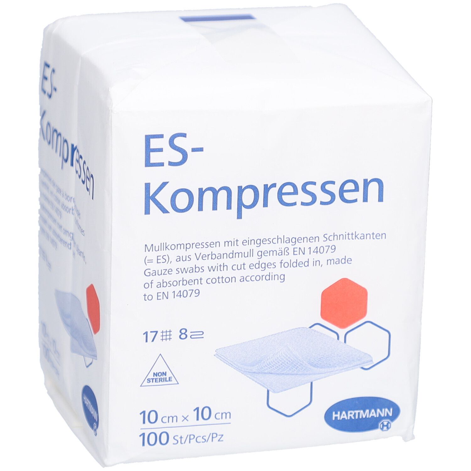 Verpackung mit ES-Kompressen. 10 cm x 10 cm, unsteril. 100 Stück. Marke HARTMANN. Aufdrucke in Deutsch, Englisch, Französisch und Niederländisch.