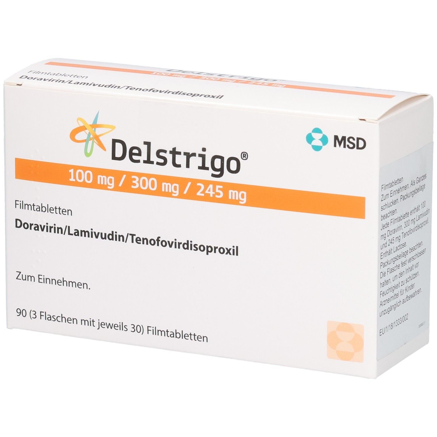 Packung Delstrigo Filmtabletten, 100 mg/300 mg/245 mg. Enthält 90 Tabletten in 3 Flaschen.
