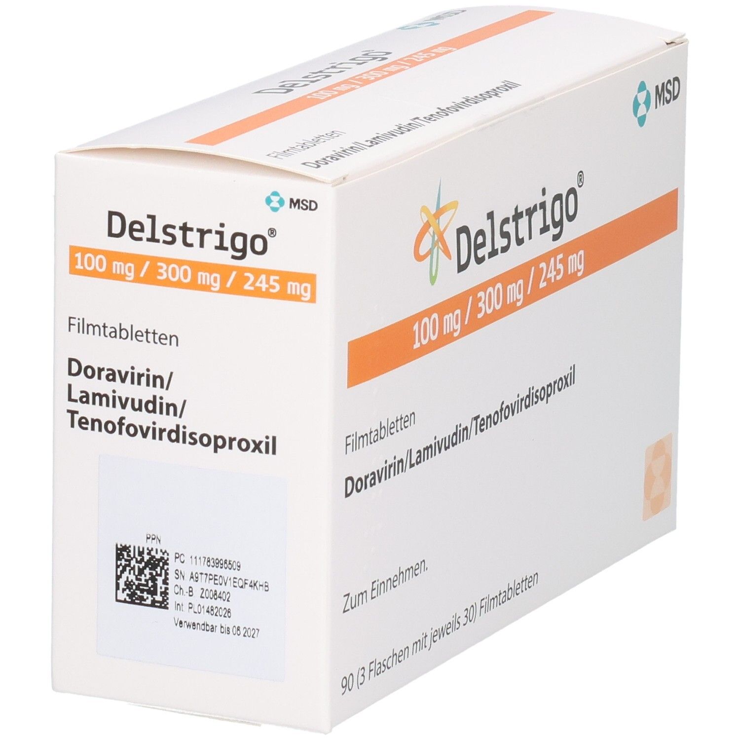 Packung Delstrigo Filmtabletten, 100 mg/300 mg/245 mg. Enthält 90 Tabletten in 3 Flaschen.