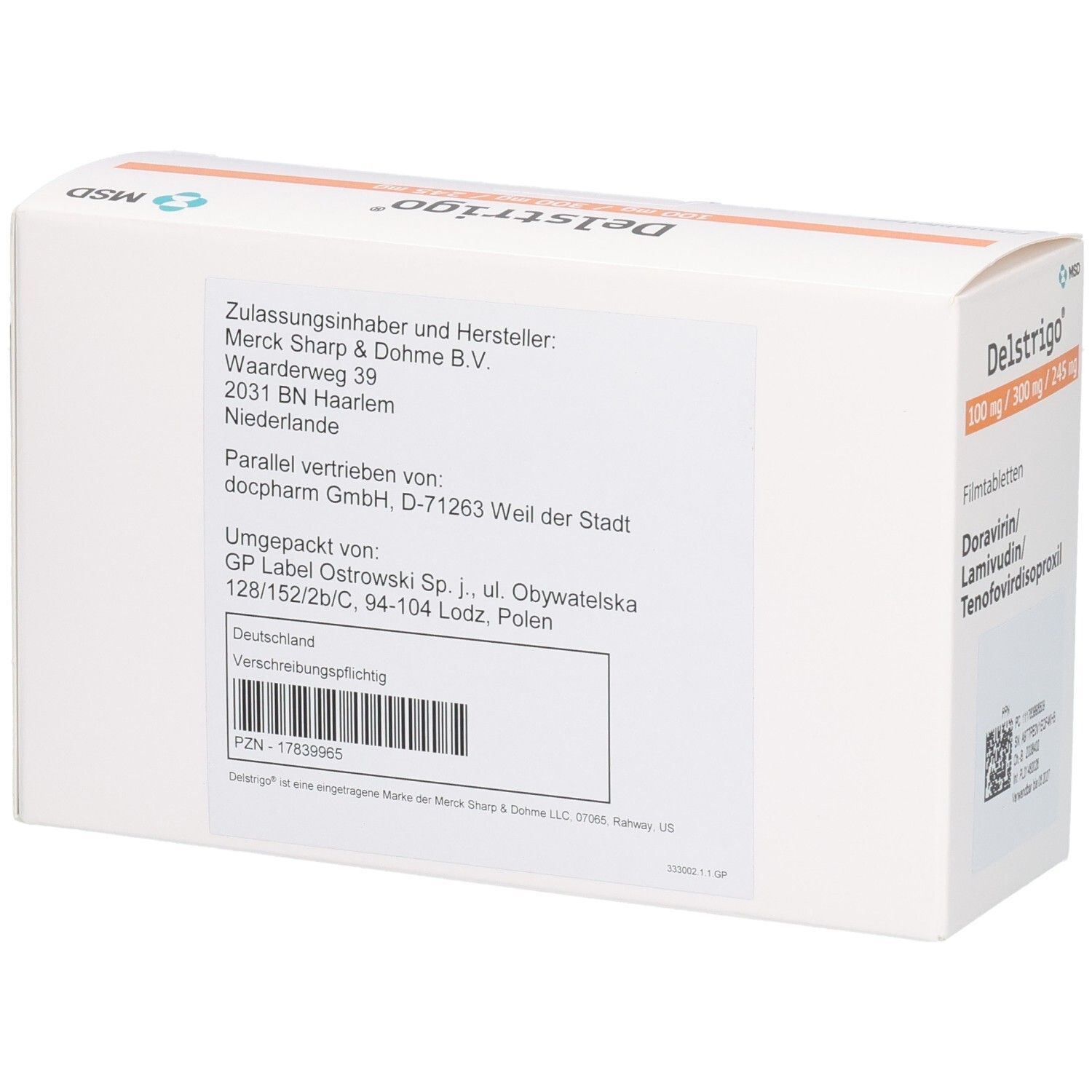 Rückseite der Delstrigo Filmtabletten Packung mit Herstellerangaben und Zulassungsinformationen.