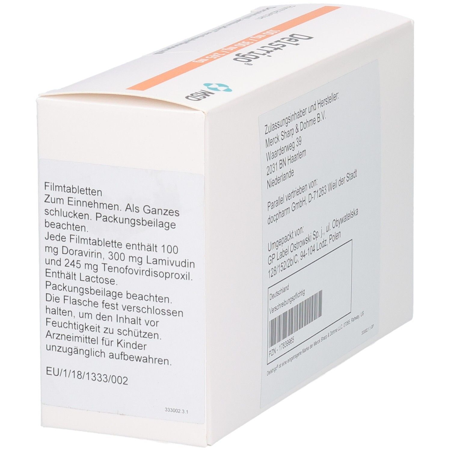 Seite der Delstrigo Filmtabletten Packung mit Einnahmehinweisen und Zusammensetzung.