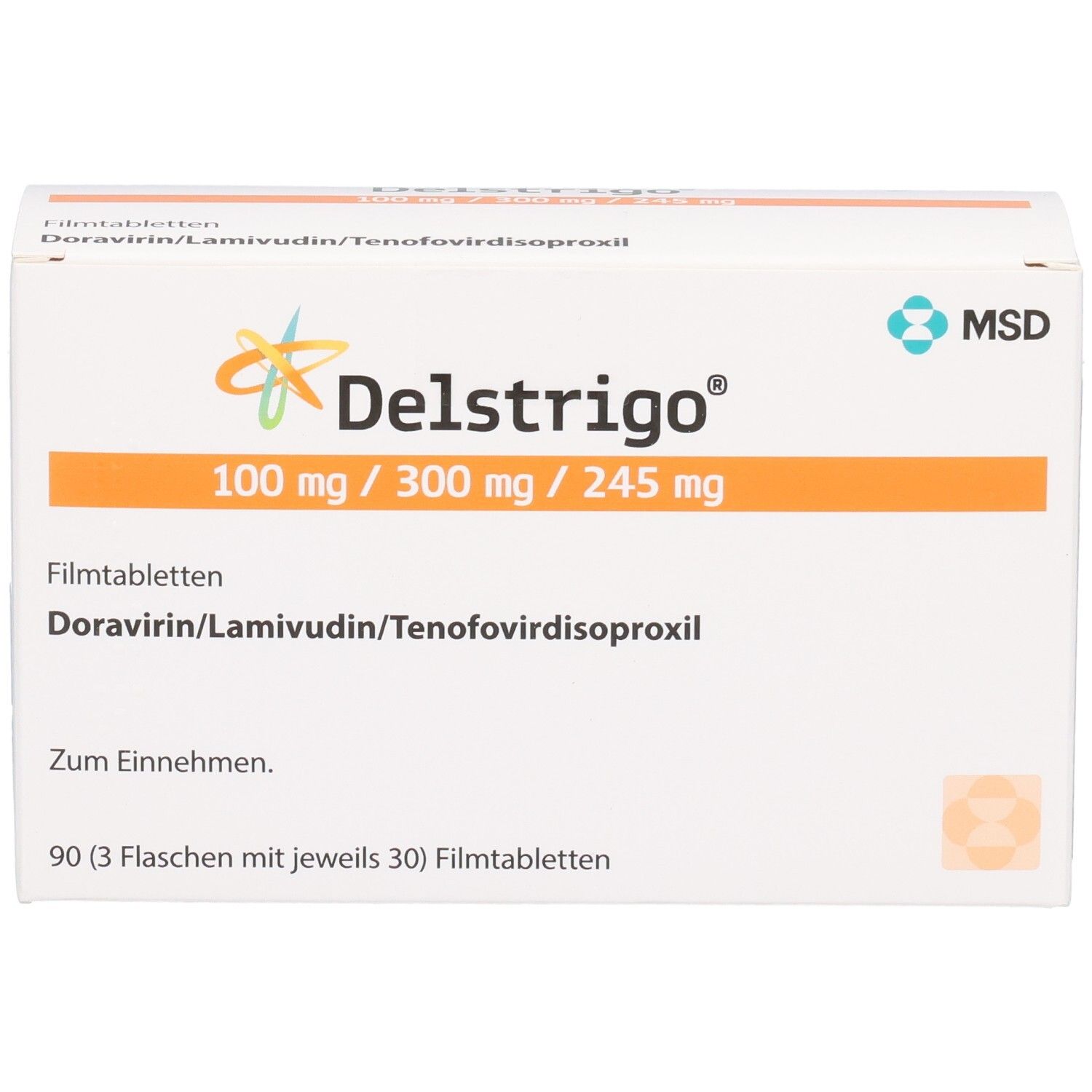 Packung Delstrigo Filmtabletten, 100 mg/300 mg/245 mg. Enthält 90 Tabletten in 3 Flaschen.