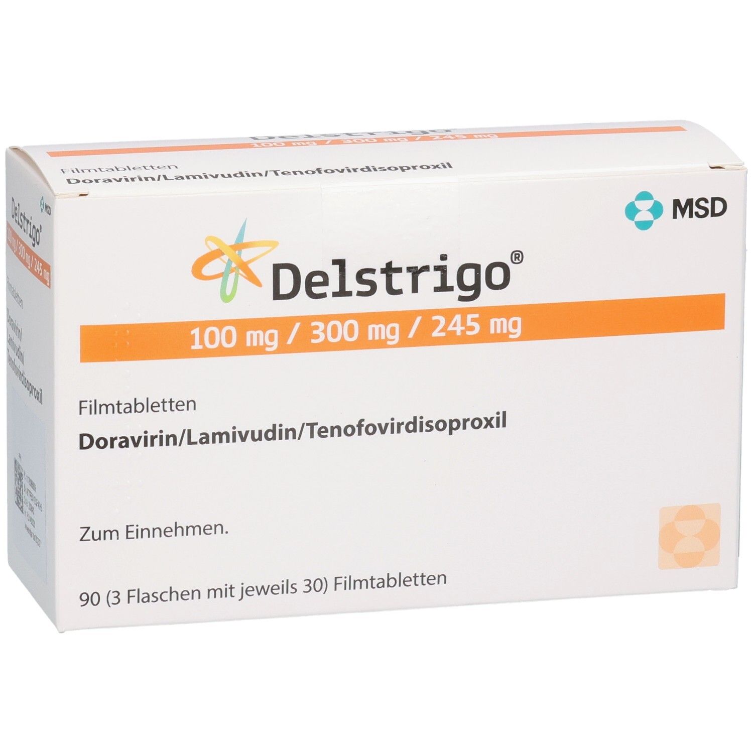 Packung Delstrigo Filmtabletten, 100 mg/300 mg/245 mg. Enthält 90 Tabletten in 3 Flaschen.