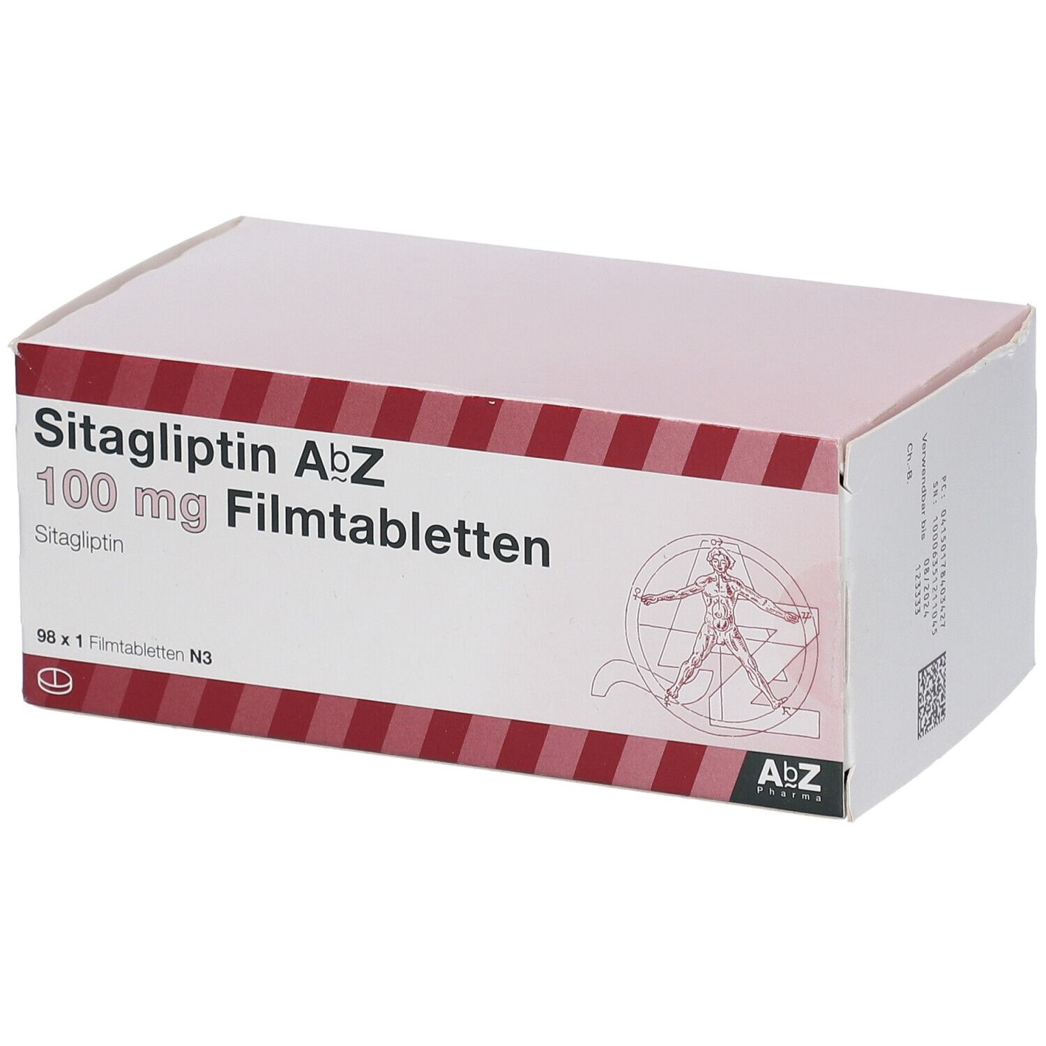 Karton "Sitagliptin AbZ 100 mg Filmtabletten". Roter Rand, Logo mit menschlicher Figur. Aufdrucke und QR-Code.