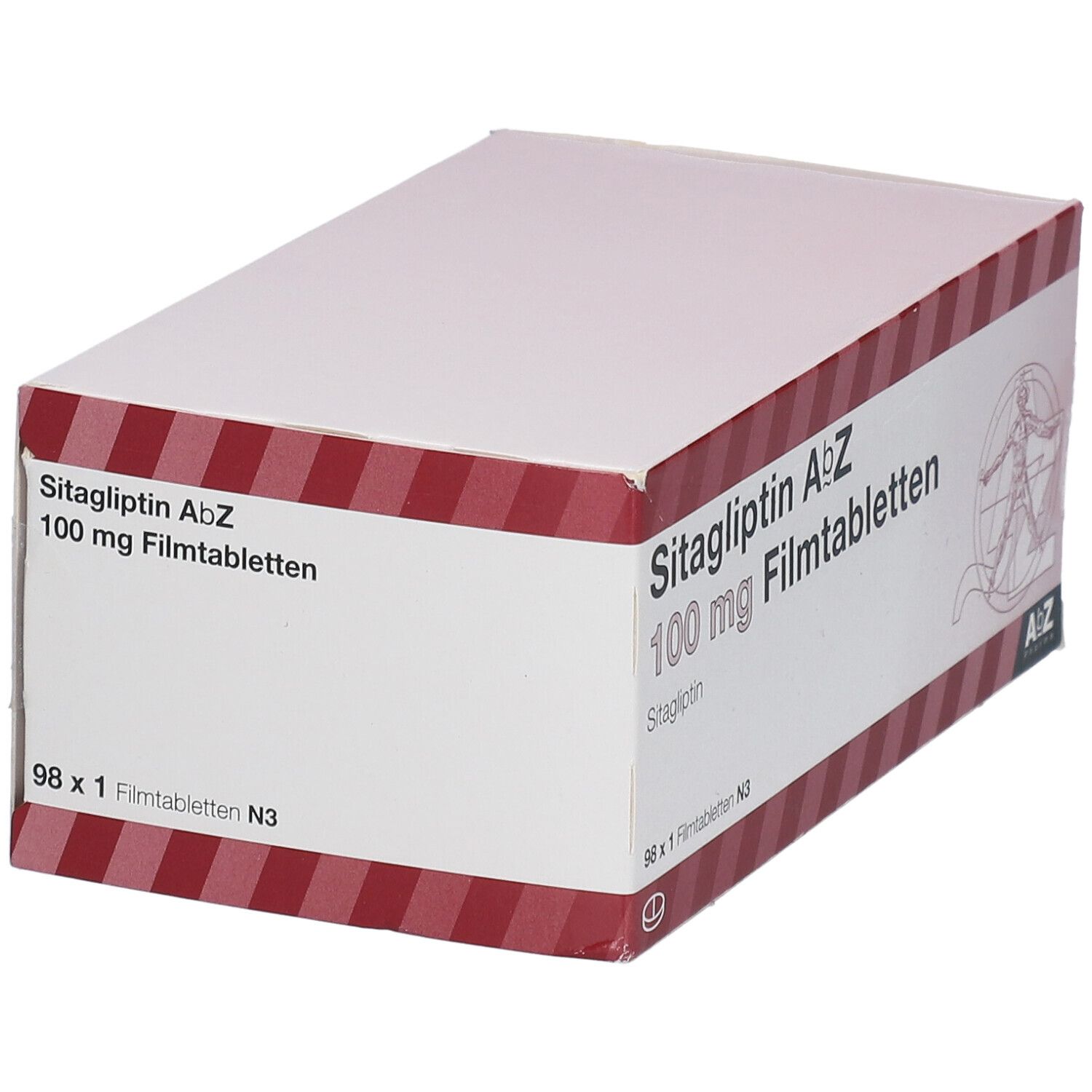 Karton "Sitagliptin AbZ 100 mg Filmtabletten". Roter Rand, Logo mit menschlicher Figur. Schrägansicht.
