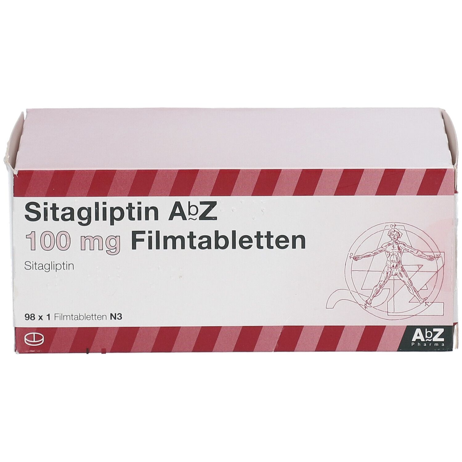 Karton "Sitagliptin AbZ 100 mg Filmtabletten". Roter Rand, Logo mit menschlicher Figur. Frontalansicht.