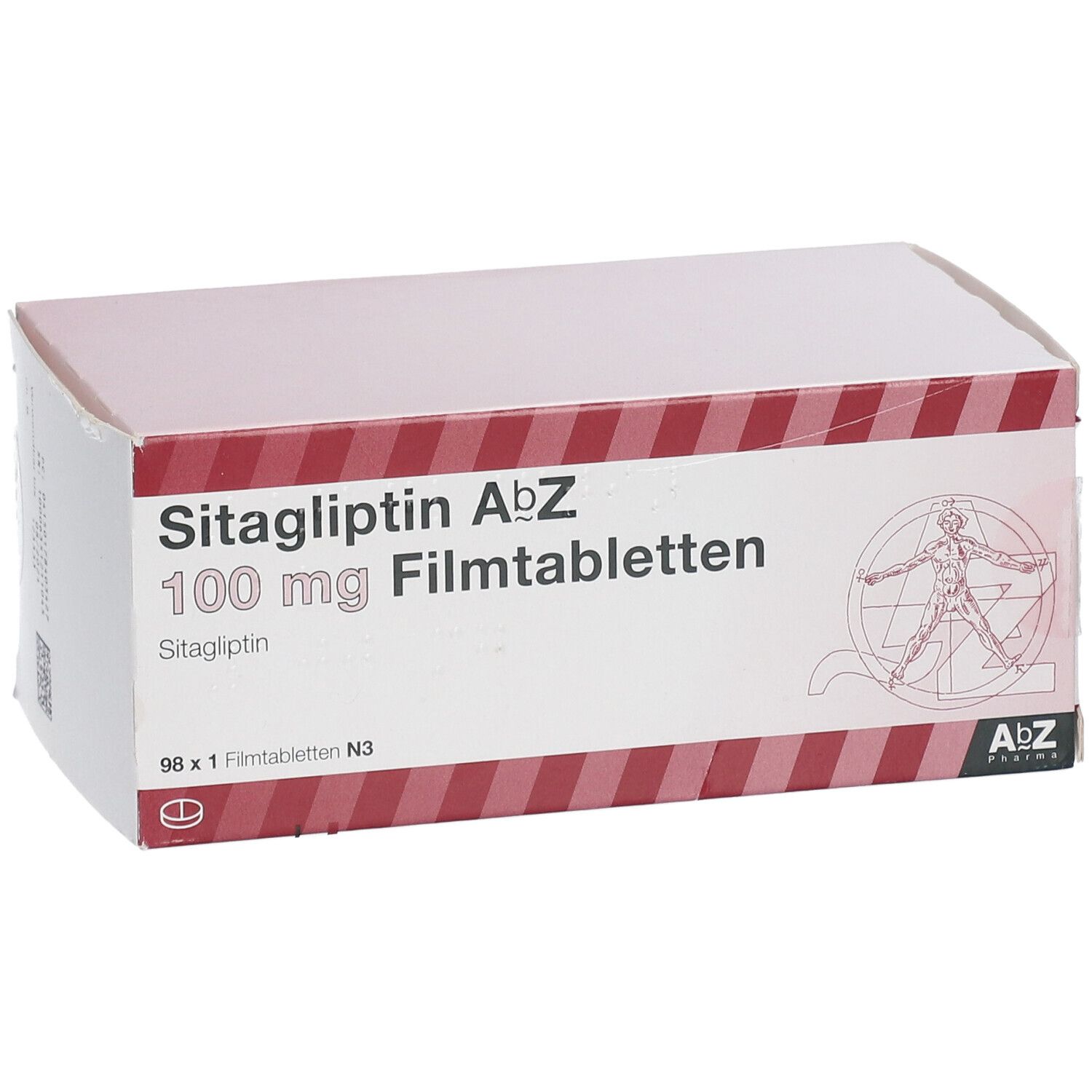 Karton "Sitagliptin AbZ 100 mg Filmtabletten". Roter Rand, Logo mit menschlicher Figur. Schrägansicht.