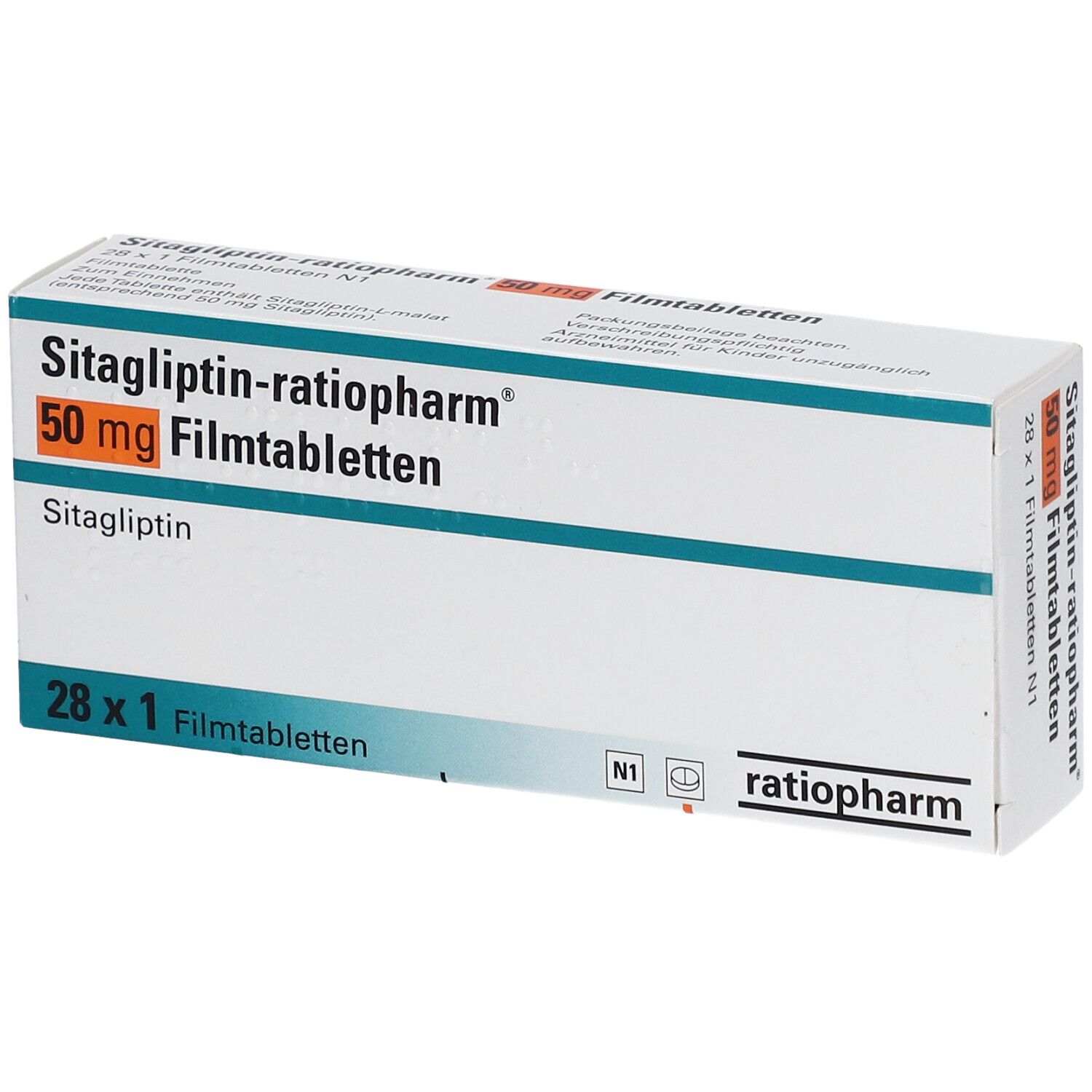 Schachtel mit Sitagliptin-ratiopharm® 50 mg Filmtabletten. Aufschrift: 28 x 1 Filmtabletten. Logo ratiopharm.