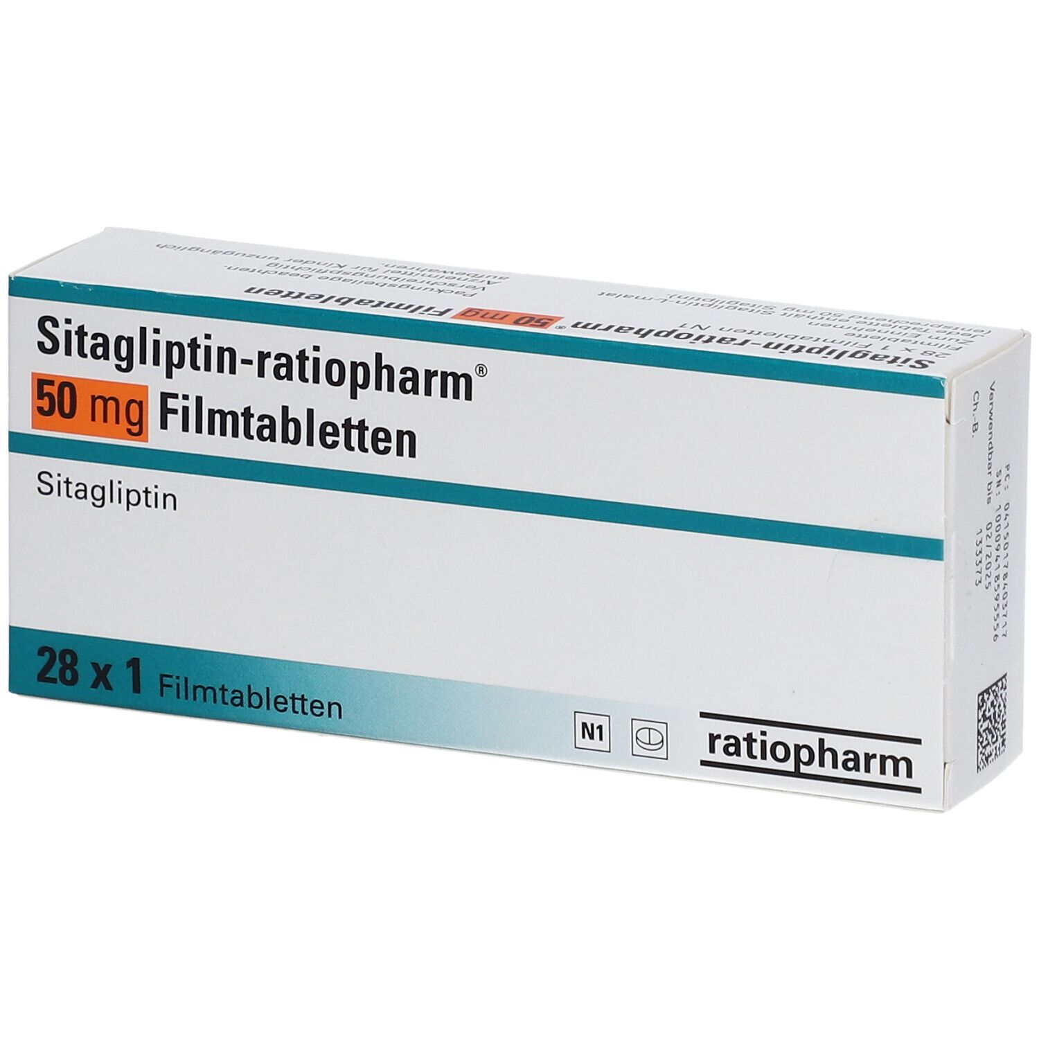 Schachtel mit Sitagliptin-ratiopharm® 50 mg Filmtabletten. Aufschrift: 28 x 1 Filmtabletten. Logo ratiopharm.