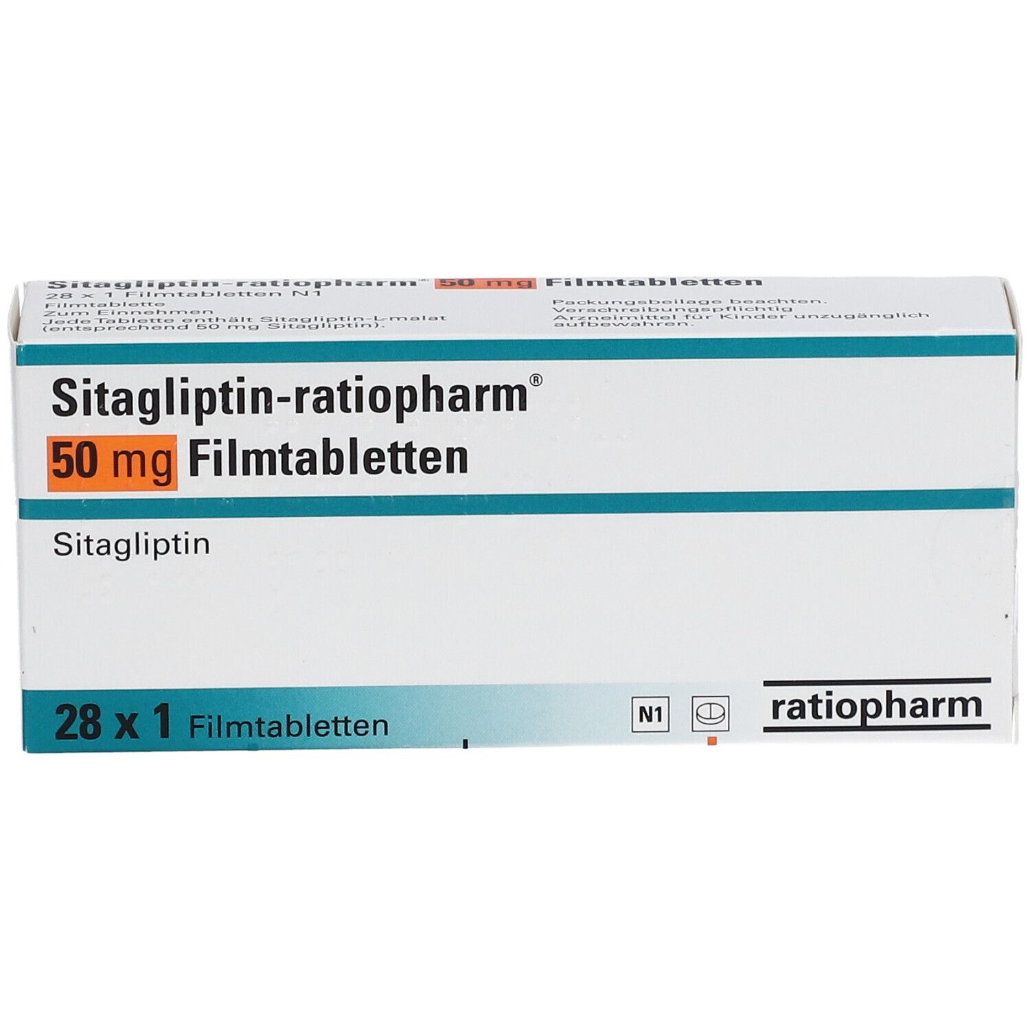Schachtel mit Sitagliptin-ratiopharm® 50 mg Filmtabletten. Aufschrift: 28 x 1 Filmtabletten. Logo ratiopharm.