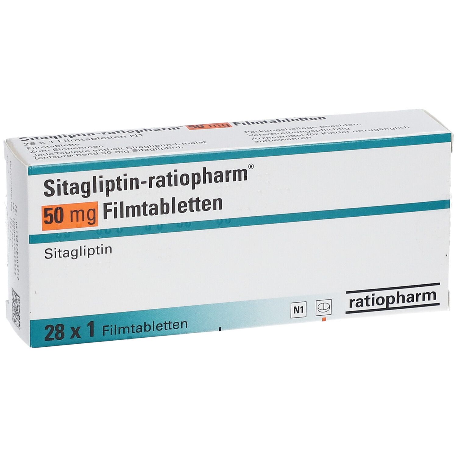Schachtel mit Sitagliptin-ratiopharm® 50 mg Filmtabletten. Aufschrift: 28 x 1 Filmtabletten. Logo ratiopharm.