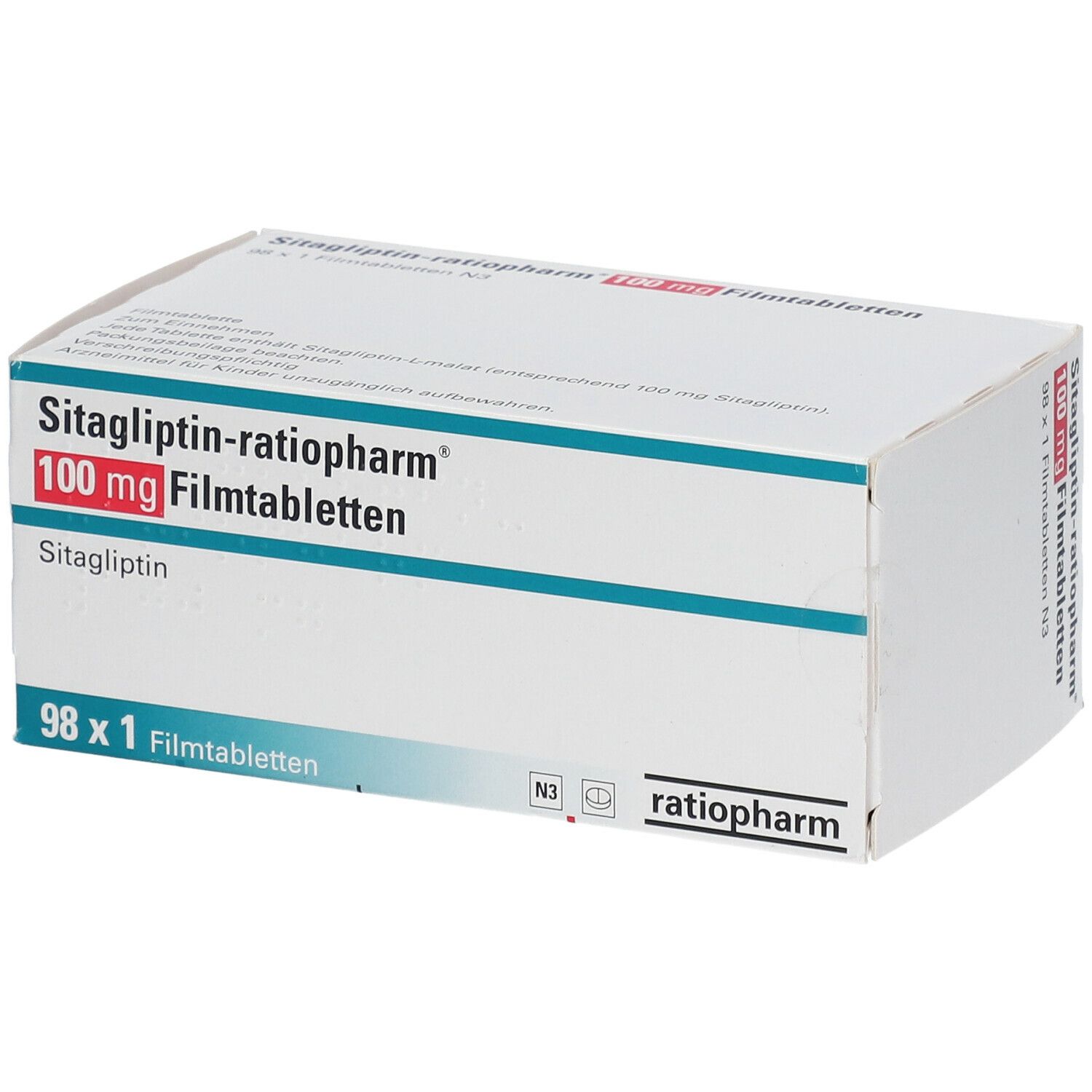 Schachtel mit Sitagliptin-ratiopharm 100 mg Filmtabletten. Aufschrift: 98 x 1 Filmtabletten. Marke ratiopharm.