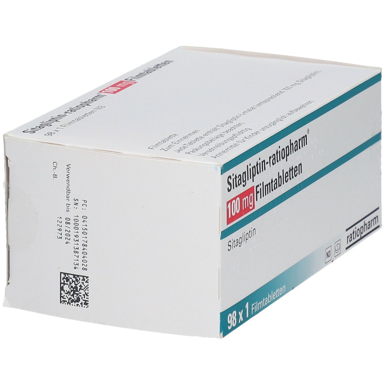 Schachtel mit Sitagliptin-ratiopharm 100 mg Filmtabletten. Aufschrift: 98 x 1 Filmtabletten. Marke ratiopharm.