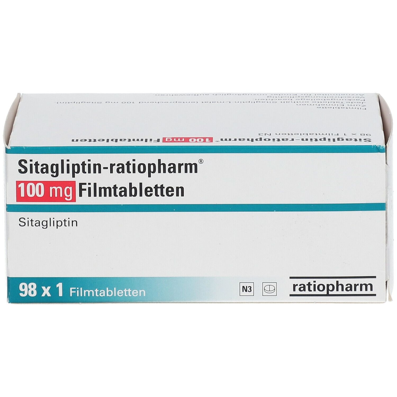 Schachtel mit Sitagliptin-ratiopharm 100 mg Filmtabletten. Aufschrift: 98 x 1 Filmtabletten. Marke ratiopharm.