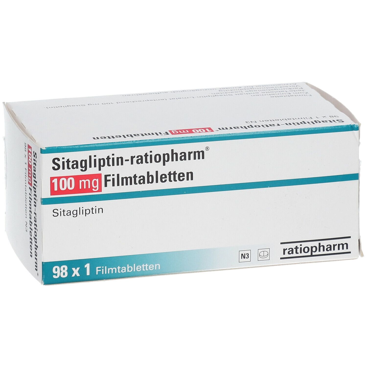 Schachtel mit Sitagliptin-ratiopharm 100 mg Filmtabletten. Aufschrift: 98 x 1 Filmtabletten. Marke ratiopharm.