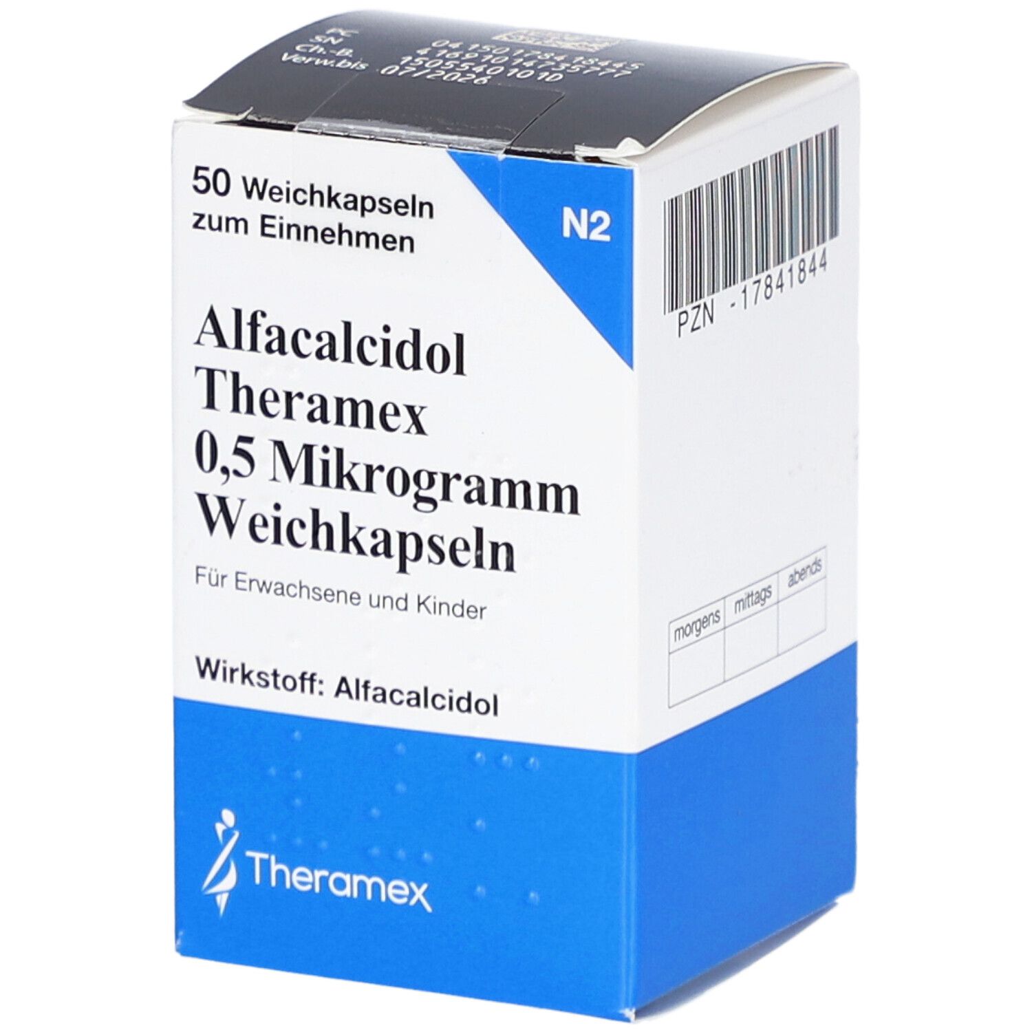 Weichkapseln-Packung. Aufschrift: Alfacalcidol Theramex 0,5 Mikrogramm. 50 Weichkapseln. Blaue und weiße Verpackung.