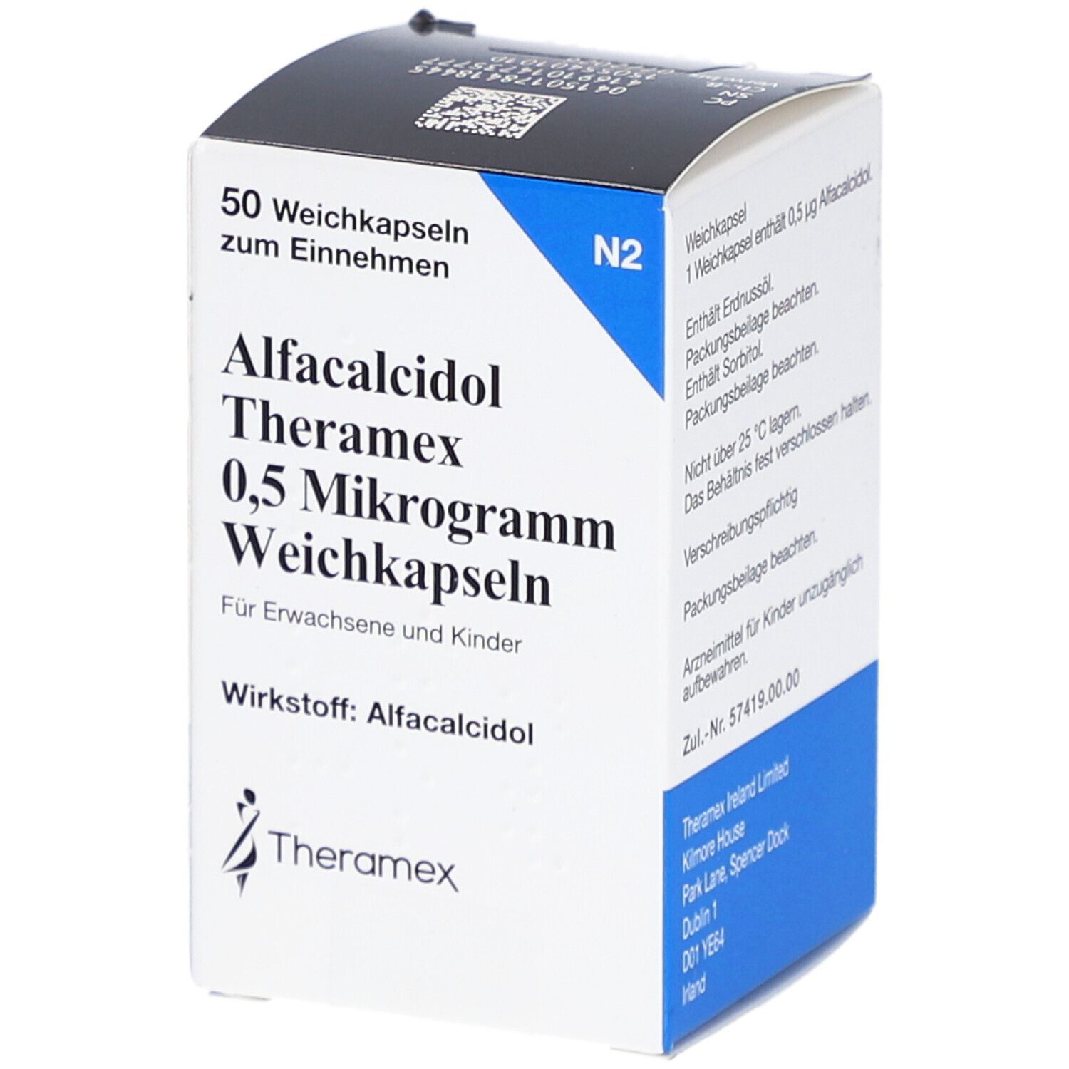 Weichkapseln-Packung. Aufschrift: Alfacalcidol Theramex 0,5 Mikrogramm. 50 Weichkapseln. Weiße und blaue Verpackung.