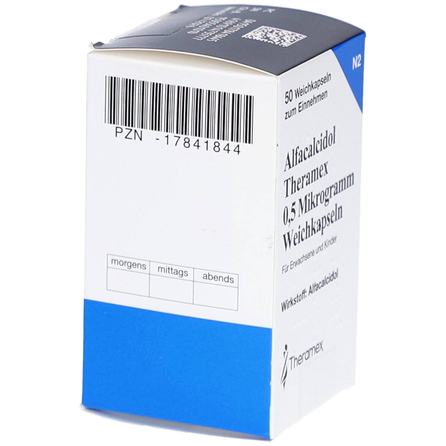 Weichkapseln-Packung. Aufschrift: Alfacalcidol Theramex 0,5 Mikrogramm. 50 Weichkapseln. Weiße und blaue Verpackung.