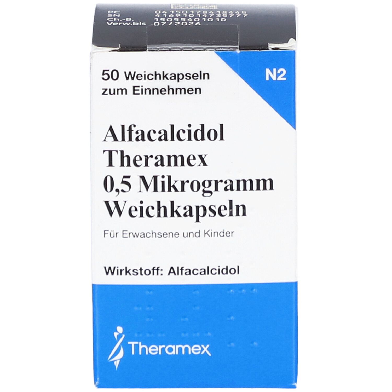 Weichkapseln-Packung. Aufschrift: Alfacalcidol Theramex 0,5 Mikrogramm. 50 Weichkapseln. Weiße und blaue Verpackung.