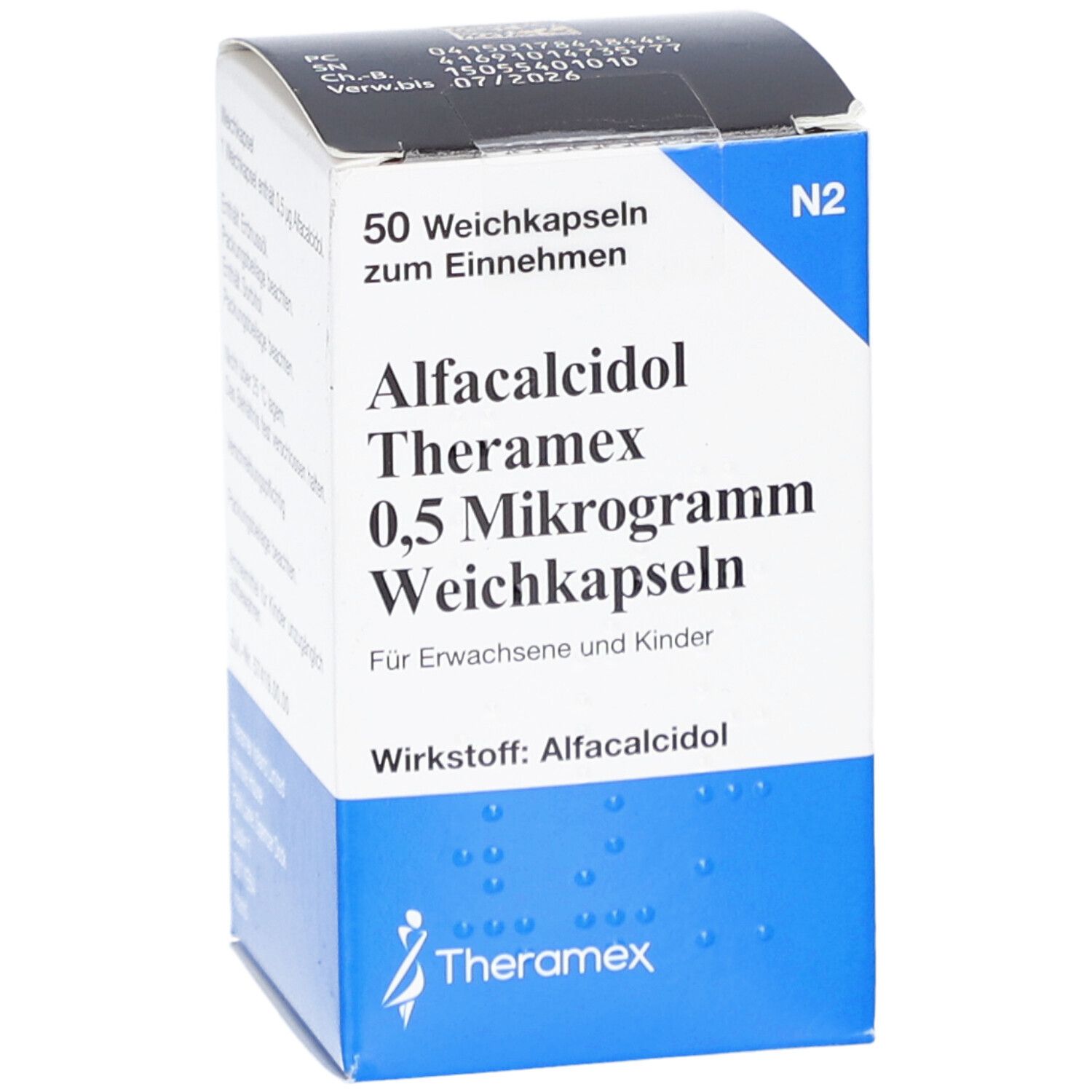 Weichkapseln-Packung. Aufschrift: Alfacalcidol Theramex 0,5 Mikrogramm. 50 Weichkapseln. Weiße und blaue Verpackung.