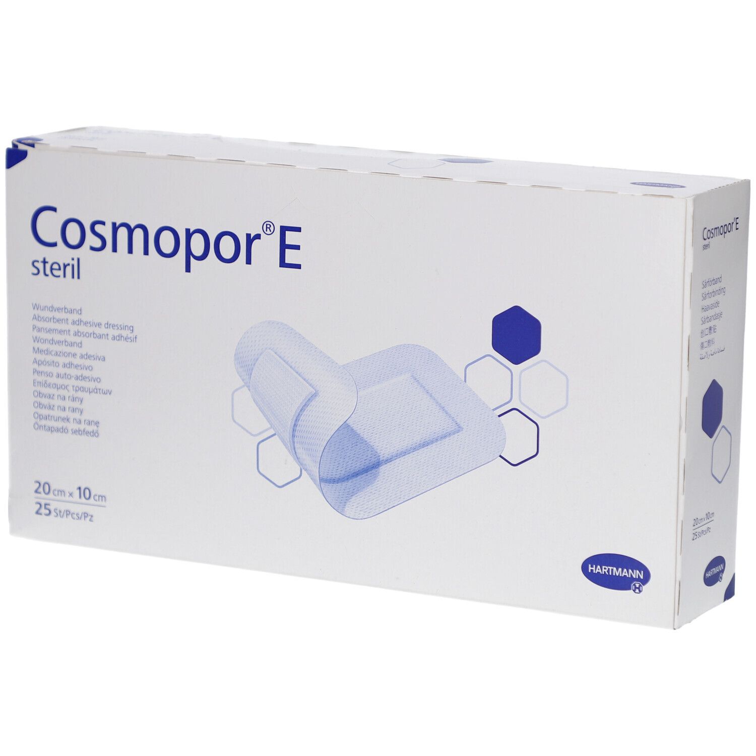 Verpackung von Cosmopor® E steril, 20 x 10 cm. Zeigt ein geöffnetes Pflaster. Marke Hartmann.