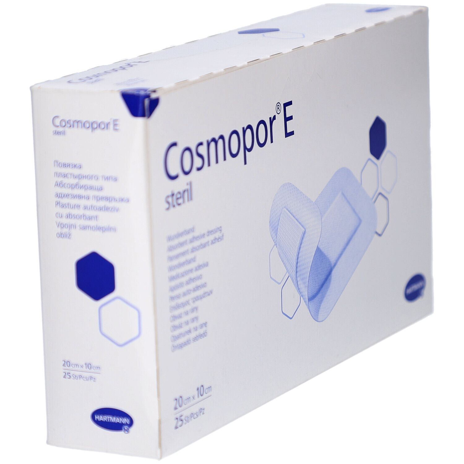 Verpackung von Cosmopor® E steril, 20 x 10 cm. Marke Hartmann. Perspektivische Ansicht.