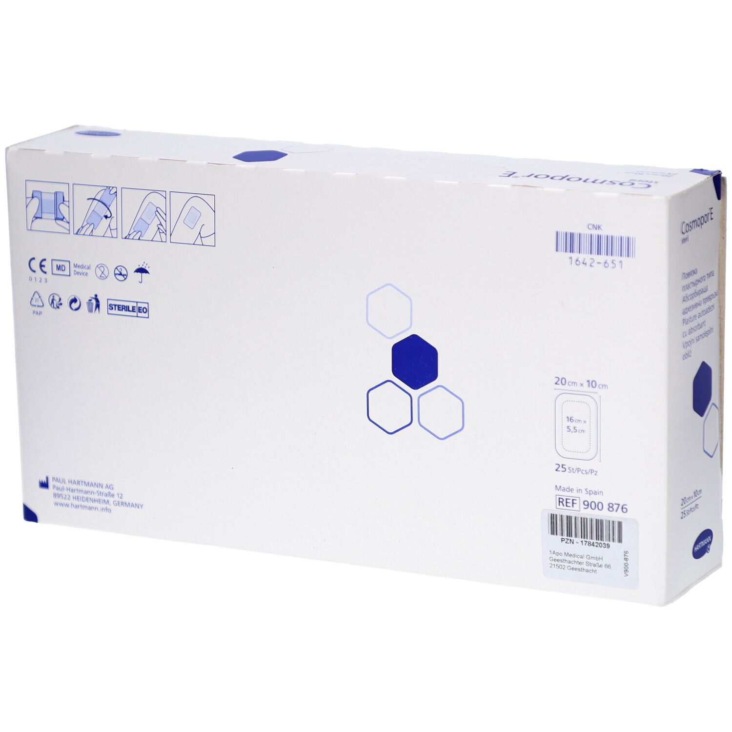 Rückseite der Verpackung von Cosmopor® E steril, 20 x 10 cm. Enthält Informationen und Symbole.