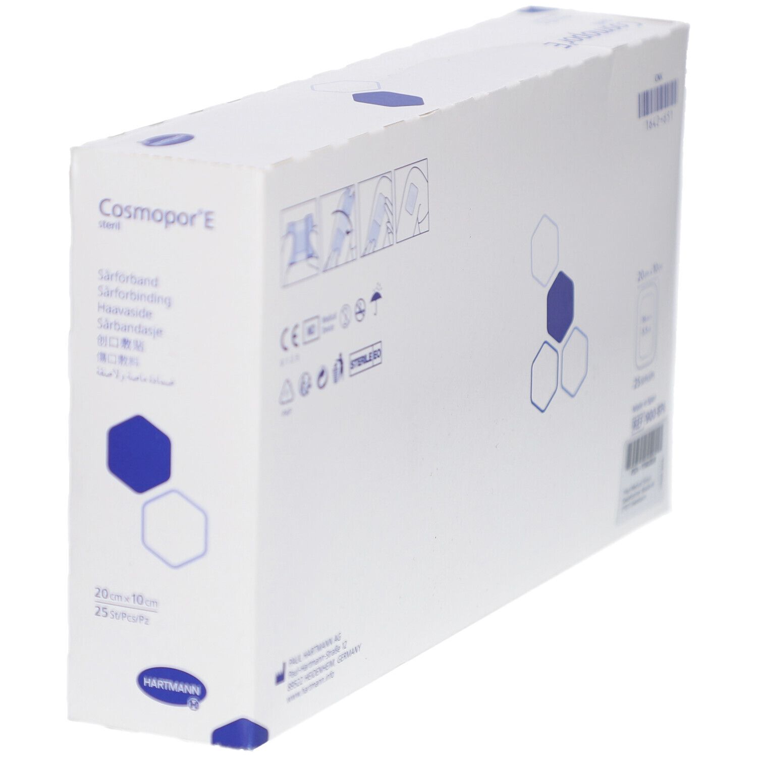 Verpackung von Cosmopor® E steril, 20 x 10 cm. Enthält Symbole und Informationen. Marke Hartmann.