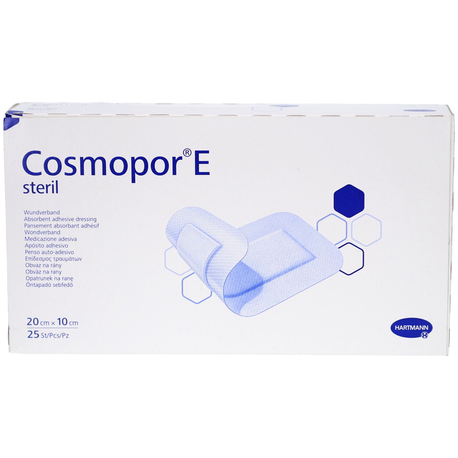 Verpackung von Cosmopor® E steril, 20 x 10 cm. Zeigt ein geöffnetes Pflaster. Marke Hartmann.