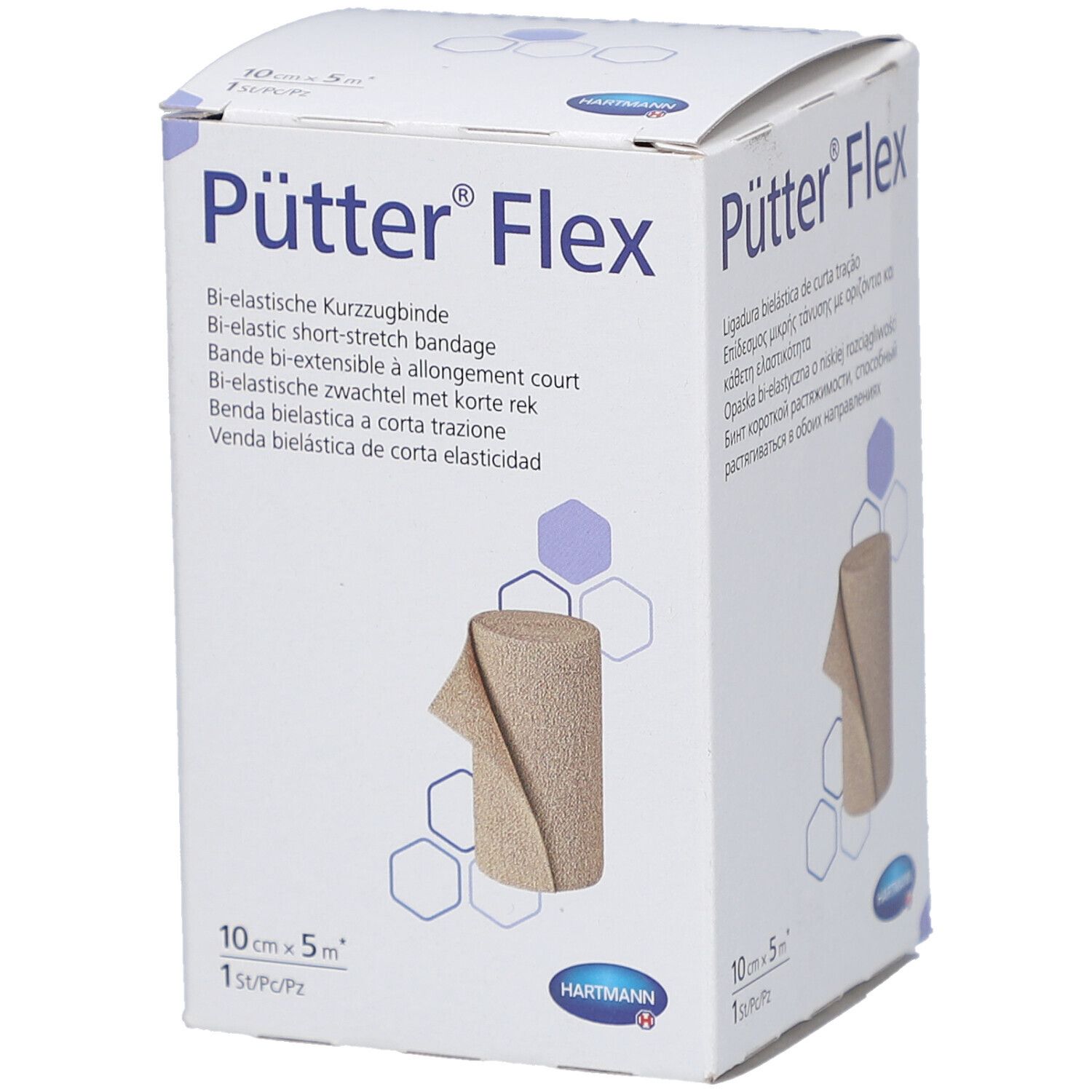 Verpackung von Pütter® Flex Binde. Bi-elastische Kurzzugbinde. 10 cm x 5 m. Beige Binde auf weißem Karton. Hartmann Logo.