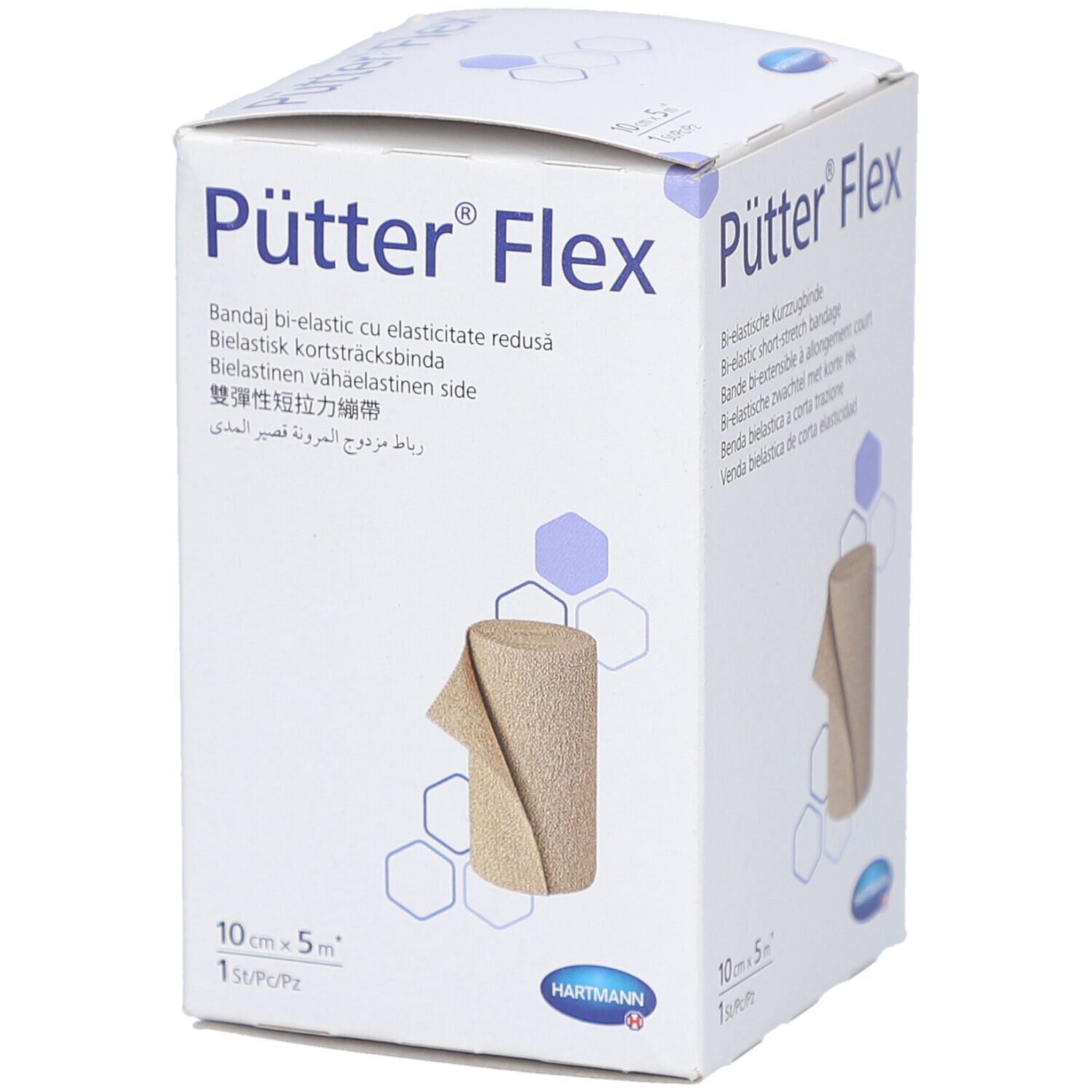 Verpackung von Pütter® Flex Binde. Bi-elastische Kurzzugbinde. 10 cm x 5 m. Beige Binde auf weißem Karton. Hartmann Logo.
