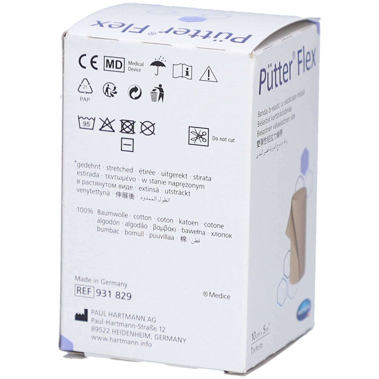 Rückseite der Verpackung von Pütter® Flex Binde. Text in mehreren Sprachen. Medizinprodukt-Kennzeichnung. Herstellerinformationen.