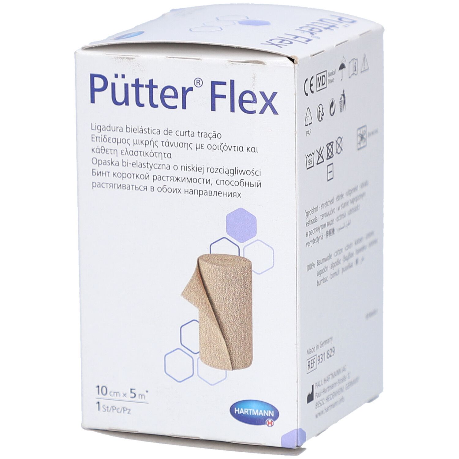 Verpackung von Pütter® Flex Binde. Bi-elastische Kurzzugbinde. 10 cm x 5 m. Beige Binde auf weißem Karton. Hartmann Logo.