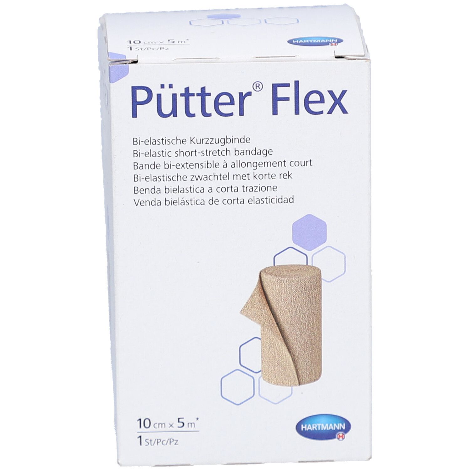 Verpackung von Pütter® Flex Binde. Bi-elastische Kurzzugbinde. 10 cm x 5 m. Beige Binde auf weißem Karton. Hartmann Logo.