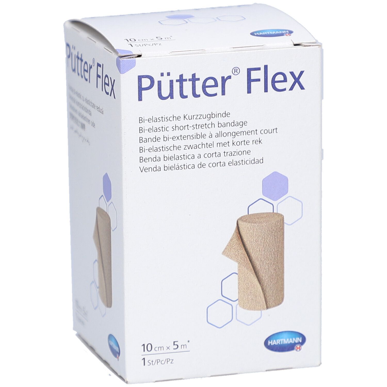 Verpackung von Pütter® Flex Binde. Bi-elastische Kurzzugbinde. 10 cm x 5 m. Beige Binde auf weißem Karton. Hartmann Logo.