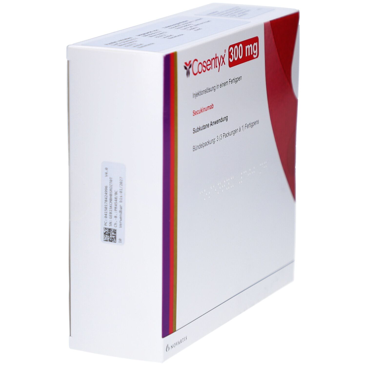 Weiße Verpackung, schräg. Aufschrift: Cosentyx 300 mg. Injektionslösung im Fertigpen. Secukinumab. Barcode und Aufkleber.