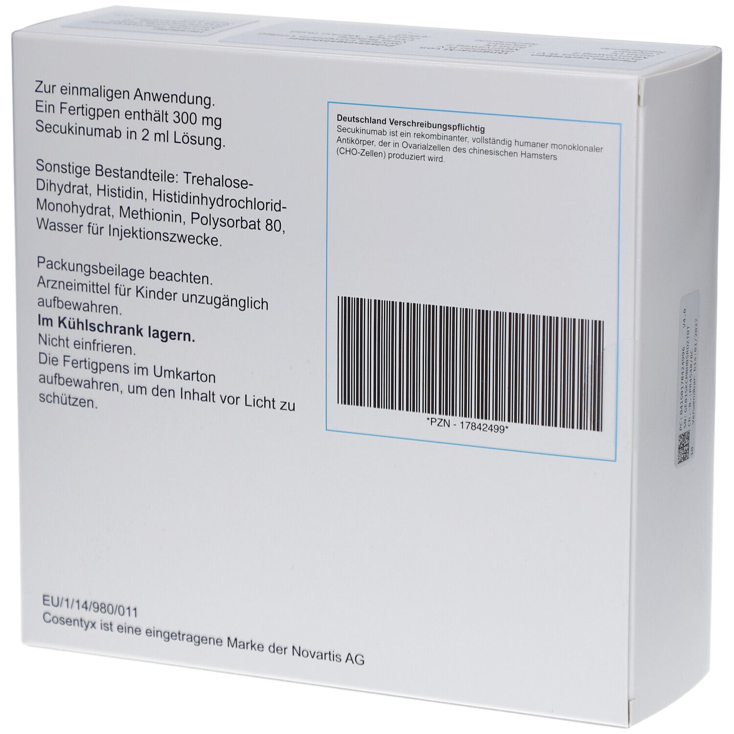 Rückseite der weißen Verpackung. Text: Zur einmaligen Anwendung. Enthält 300 mg Secukinumab. Barcode. Warnhinweise und Herstellerinformationen.