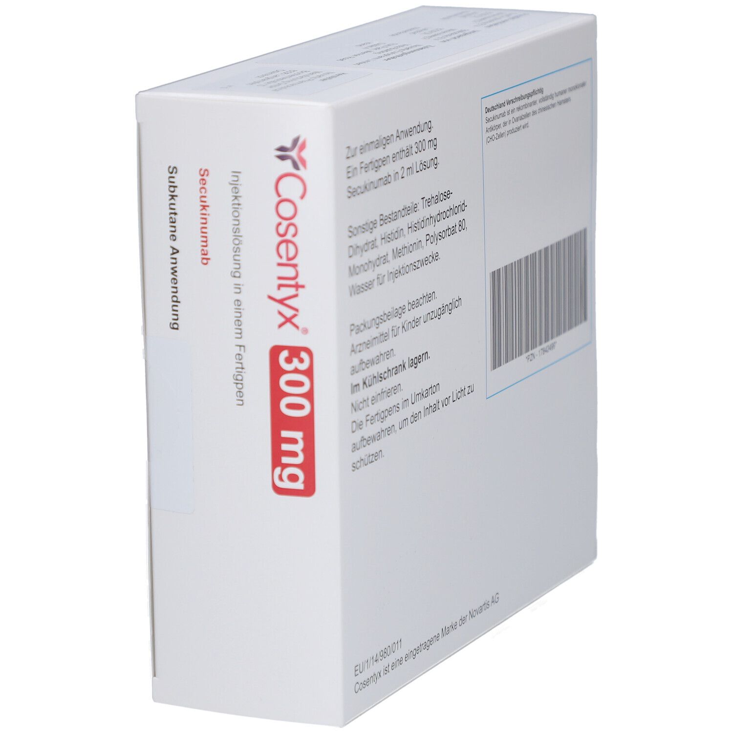 Weiße Verpackung, schräg. Aufschrift: Cosentyx 300 mg. Injektionslösung im Fertigpen. Secukinumab. Subkutane Anwendung. Barcode.