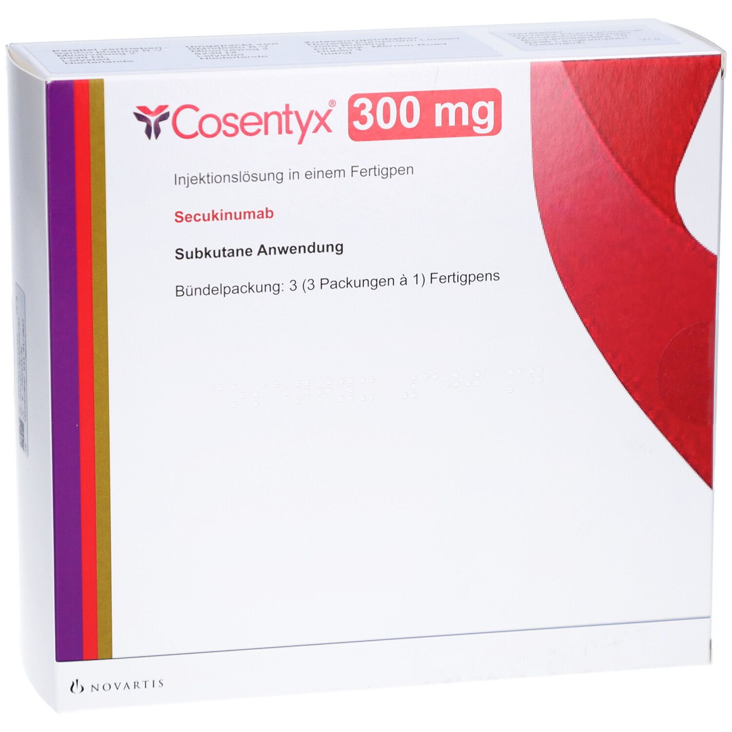 Weiße Verpackung mit rotem Akzent. Aufschrift: Cosentyx 300 mg. Injektionslösung im Fertigpen. Secukinumab. Subkutane Anwendung.