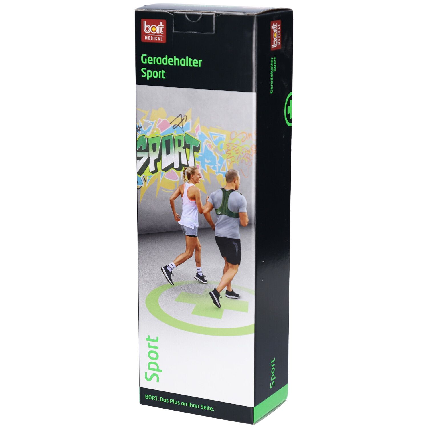 Verpackung von BORT® Geradehalter Sport. Vorderseite mit Produktabbildung, Schriftzug SPORT und Personen beim Joggen.