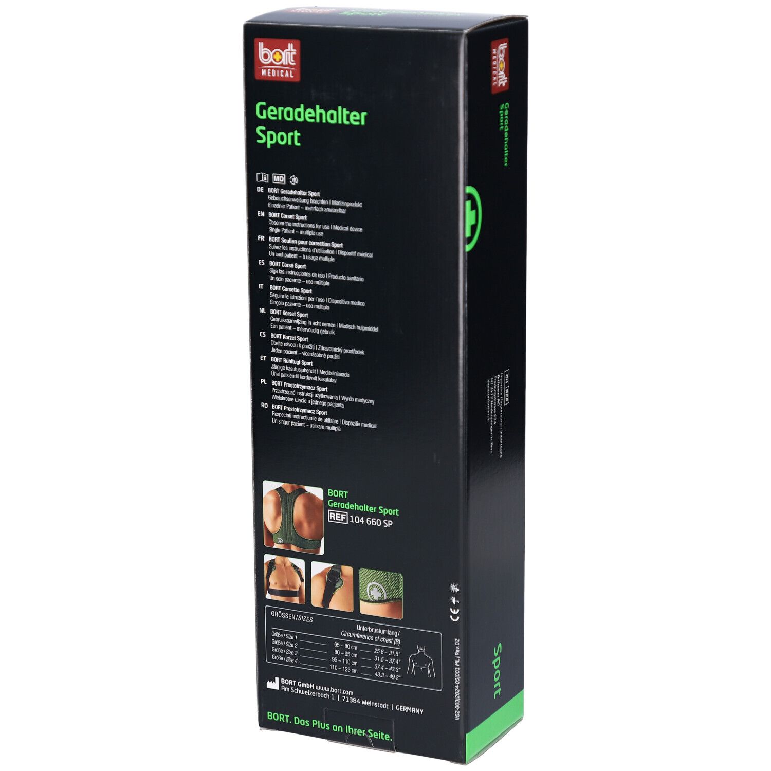 Rückseite der Verpackung von BORT® Geradehalter Sport. Text, Produktabbildungen und Größenangaben.