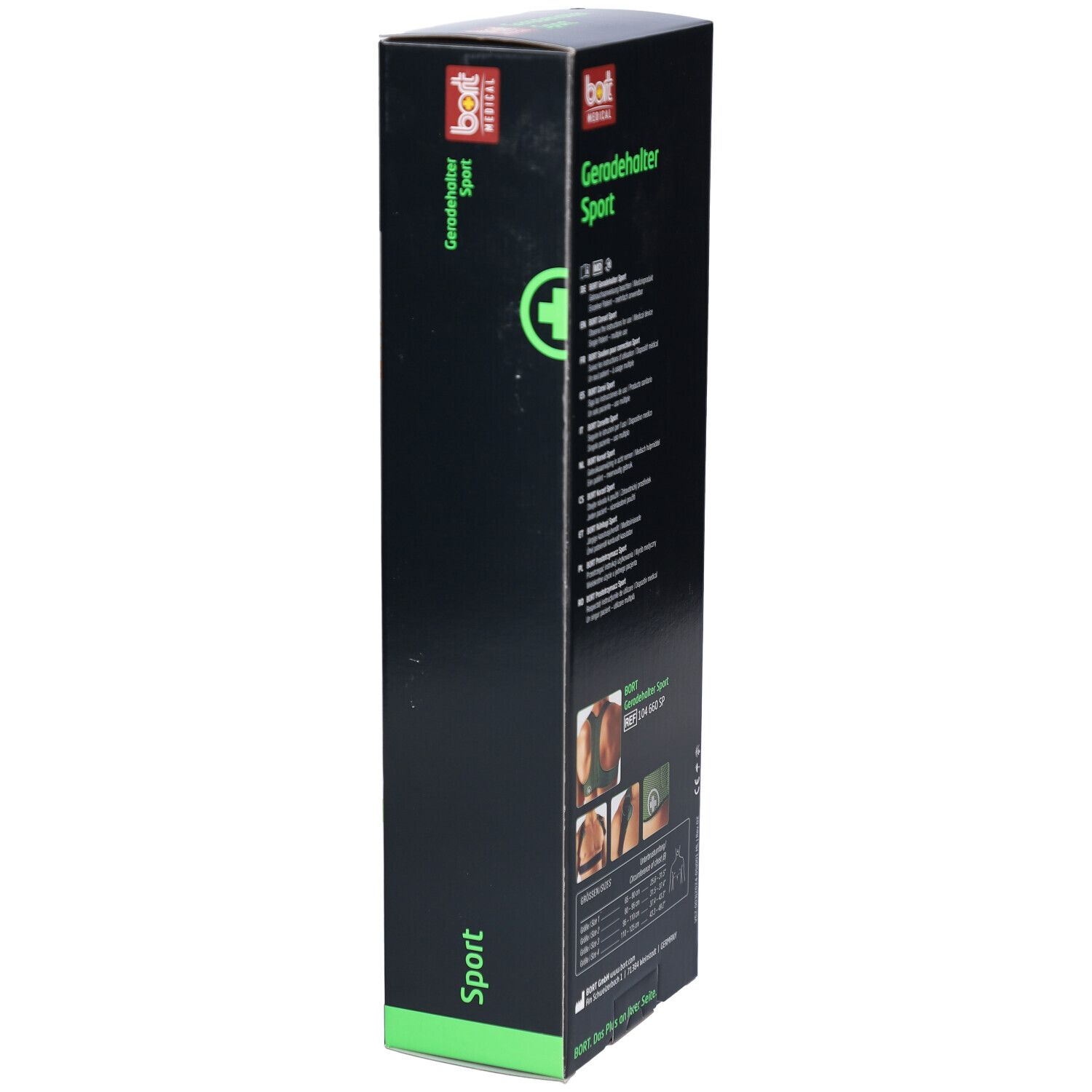 Schwarze Verpackung von BORT® Geradehalter Sport. Seitenansicht mit grünem Logo und Schriftzug SPORT.